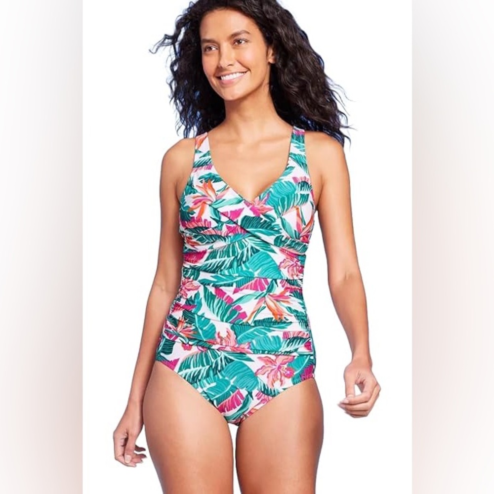 Kona Sol tropical palm leafs print tummy control one piece swimsuit XL (16) NWT